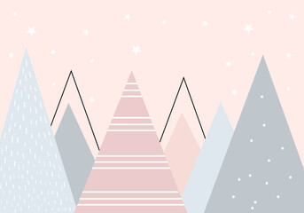 Mountains and stars. For baby wallpapers, decor, web banners, posters. Vector illustration. Children's wallpaper. Hand drawn in scandinavian style. Mountain landscape.