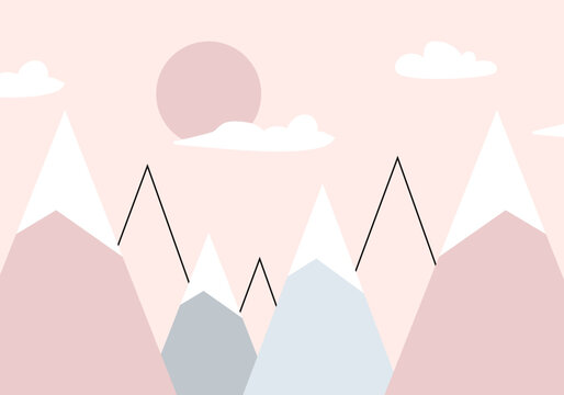 Mountains, sun and clouds. For children's wallpapers, decor, web banners, posters. Vector illustration. Children's wallpaper. Hand drawn in scandinavian style. Mountain landscape.