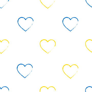 Ukraine seamless vector background. Heart  in Ukrainian national colors blue yellow. Repeating pattern. Support Ukraine backdrop. On a white background.