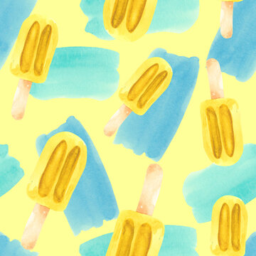 Watercolor background with yellow ice cream on a stick and blue spots. Seamless pattern for bright colorful wallpaper, textiles, packaging, office and bed linen.
