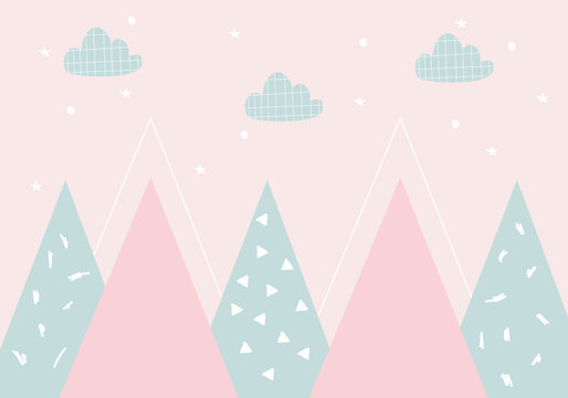 Mountains and clouds. For baby wallpapers, decor, web banners, posters. Vector illustration. Children's wallpaper. Hand drawn in scandinavian style. Mountain landscape. © YUSI_DESIGN