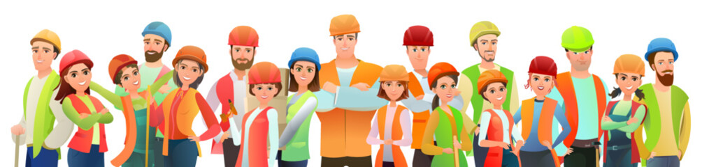 Man, woman and kids builder in vest and protective helmet. Cheerful person. Standing pose. Cartoon comic style flat design. Single character. Illustration isolated on white background. Vector