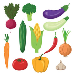 Set of vegetables isolated on white background in flat style. Healthy food, products containing vitamins