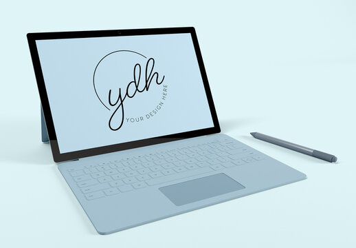 Tablet with Keyboard Case and Electronic Pen Mockup