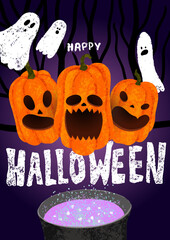 Happy Halloween poster with pumpkins, cauldron with poison, dark forest, ghost. Chalk lettering