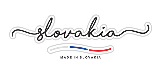 Made in Slovakia, new modern handwritten typography calligraphic logo sticker, abstract Slovakia flag ribbon banner