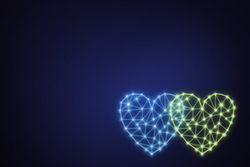 2d neon hearts on dark blue background. 2 hearts of yellow and strong color with copy space. The concept of love, goodness. Support of Ukraine