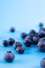 Blueberry isolated on blue. Blueberry top view flatlay with copyspace. Vegan and vegetarian concept. Summer healthy food.
