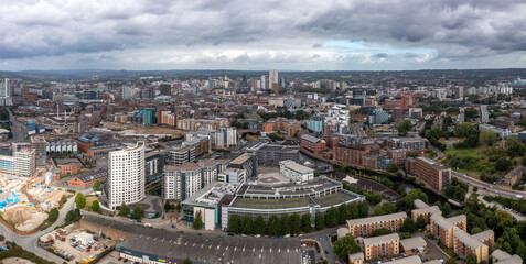 Aerial view of Leeds Dock and Robert’s Wharf in a Leeds cityscape skyline