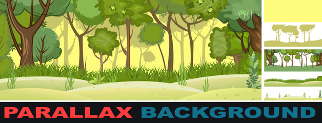Summer forest landscape. Set parallax effect. Nature illustration. Dense foliage, shrubs and clearing at edge. Light foggy thickets. View of green trees. Cartoon flat style. Seamless composition