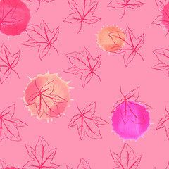 Abstract botanical autumn-spring background, banners with line leaves and watercolour splashes. 
