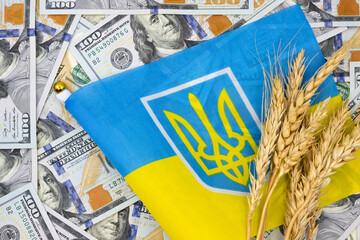 Spikelets of wheat on the background of dollars banknotes and national Ukrainian flag. Blockade of the export of Ukrainian wheat. Famine in underdeveloped countries.