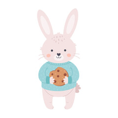 Cute white bunny in sweater with ginger cookie. Merry Christmas and Happy New Year. Year of the Rabbit. Winter holidays. Hand drawn vector illustration