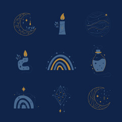 Magical elegant collection of cosmic elements. Mystical and cute set of stylized bottles, candles, moons, planet, stars and other unusual compositions.