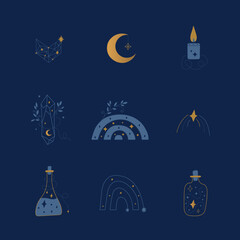 Magical elegant collection of cosmic elements. Mystical and cute set of stylized bottle, candle, rainbow, stars and other unusual compositions.