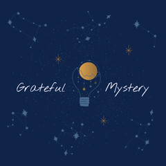 Mystical moon illustration Grateful Mystery. Mystical postcard with quote. Cute elegant collection of cosmic elements.