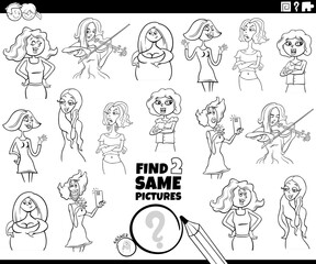 find two same cartoon woman characters task coloring page