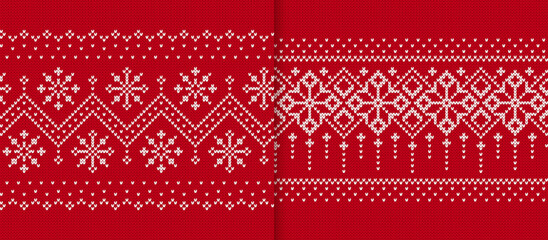 Two Xmas winter geometric textures. Christmas print. Holiday fair isle traditional ornament. Knit seamless pattern. Knitted sweater background. Wool red pullover. Festive crochet. Vector illustration.