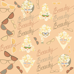 a set of women's heads with a hairstyle in colors seamless pattern