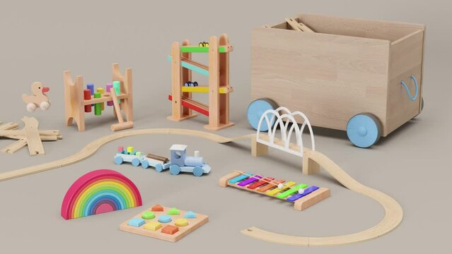 Children's toys on beige background. Multicolored wooden toys for toddler or baby. Eco friendly toy, plastic free. Toys store. 3d rendering.