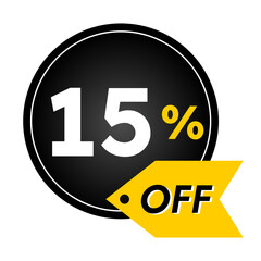 15% off limited special offer. Banner with 15 percent off in black and yellow circular balloon.