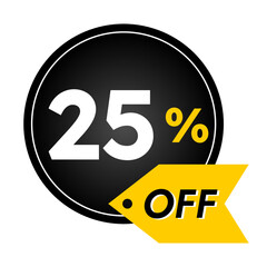 25% off limited special offer. Banner with 25 percent off in black and yellow circular balloon.