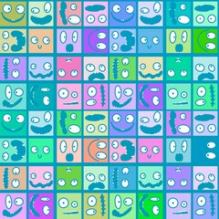 Cartoon monsters aliens seamless kids emoticons pattern for wrapping and school notebooks and Halloween