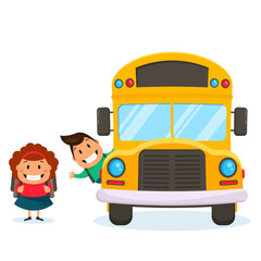 School bus with schoolchildren on a white background. Back to school