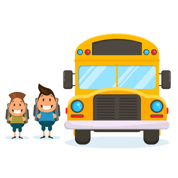 School bus with schoolchildren on a white background. Back to school