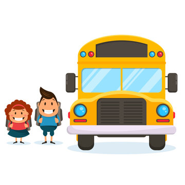 School bus with schoolchildren on a white background. Back to school