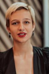 Pretty businesswoman, successful confidence in a modern coffe shop. Selective focus 