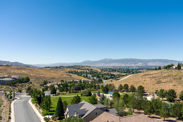 Aerial view of a residential district neighborhood in the mountains near Reno Sparks Nevada on a...