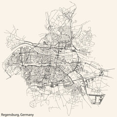 Fototapeta na wymiar Detailed navigation black lines urban street roads map of the German regional capital city of REGENSBURG, GERMANY on vintage beige background