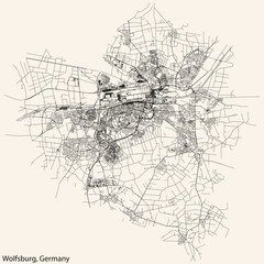 Detailed navigation black lines urban street roads map of the German regional capital city of WOLFSBURG, GERMANY on vintage beige background