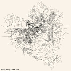 Fototapeta premium Detailed navigation black lines urban street roads map of the German regional capital city of WOLFSBURG, GERMANY on vintage beige background