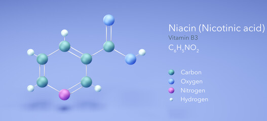 niacin, nicotinic acid, vitamin b3, molecular structures, 3d model, Structural Chemical Formula and Atoms with Color Coding