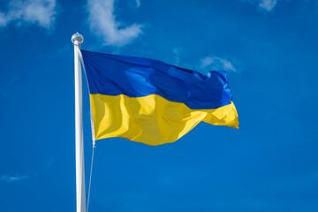 Flag of Ukraine on white sky background. National symbol of freedom and independence. Ukrainian flag waving in wind.