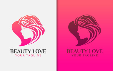 Beauty Love Logo Design. Abstract Love Symbol Combined with Beauty Woman Face Silhouette Concept.