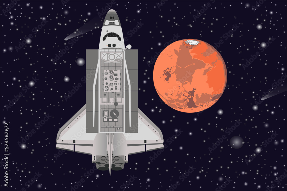 Canvas Prints space shuttle with open cargo compartment near the mars planet of solar system. vector illustration.