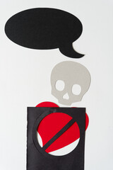 black speech bubble, paper skull, and grungy red heart (cancel)