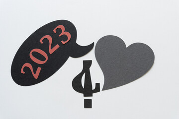 sign with the year 2023 - speech bubble, interrobang, and gray heart