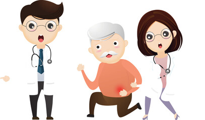 Health care. Doctor helping old man with stomachache. Elderly man suffering from stomachache.