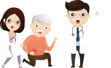 Health care. Doctor helping old man with stomachache. Elderly man suffering from stomachache.