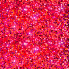 Red sparkling background of shining particles and stars. Shiny and shimmery texture. Seamless pattern. 