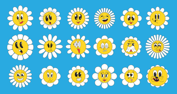 Crasy, groovy hippie 70s, 60s, 30s set vector. Funny cartoon chamomile with faces. Daisy retro flower illustration. Plant with mascot.