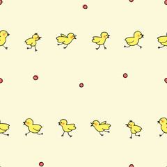 Cute little chick characters - seamless pattern with birds on light yellow background