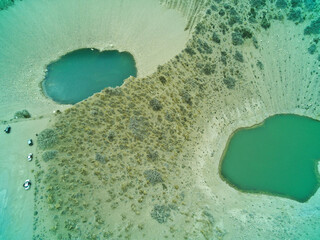Vista de dos pozos gigante naturales en la tierra, con agua en el fondo.