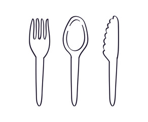 Disposable plastic tableware set, fork, spoon, knife, isolated hand drawn doodle line sketch vector illustration.
