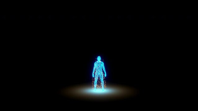 Wireframe polygonal human body of man emitting energy particles. 3d rendering of science fiction scene with black background, travelling in camera and copy space.