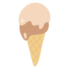 Double chocolate ice cream in waffle cone, flat vector
